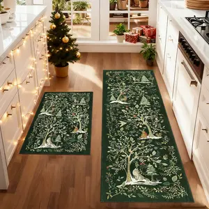 Christmas kitchen rug, Farmhouse kitchen rugs, 2pcs Christmas kitchen mat set, green Christma pattern decorative mat, soft non-slip area rug, machine washable easy clean, Christmas gift, suitable for kitchen, dining room, living room, bedroom