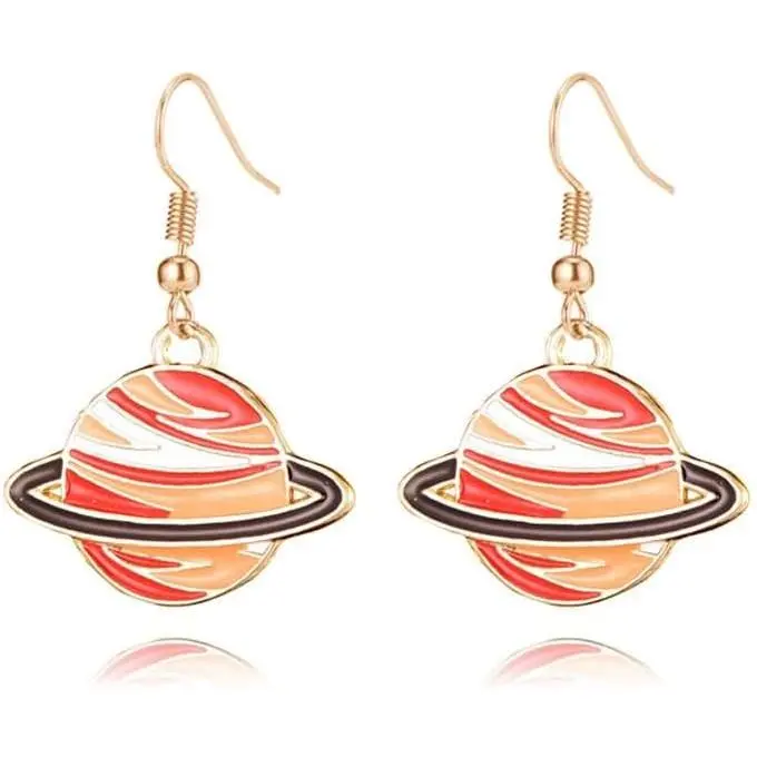 Women's Personalized Blue-Tone Saturn Planet Dangle Drop Earrings, Ball Stud - 31mm Diameter, 35mm Length, Daily Wear Female Costume Jewelry, Length: 35 Mm Long