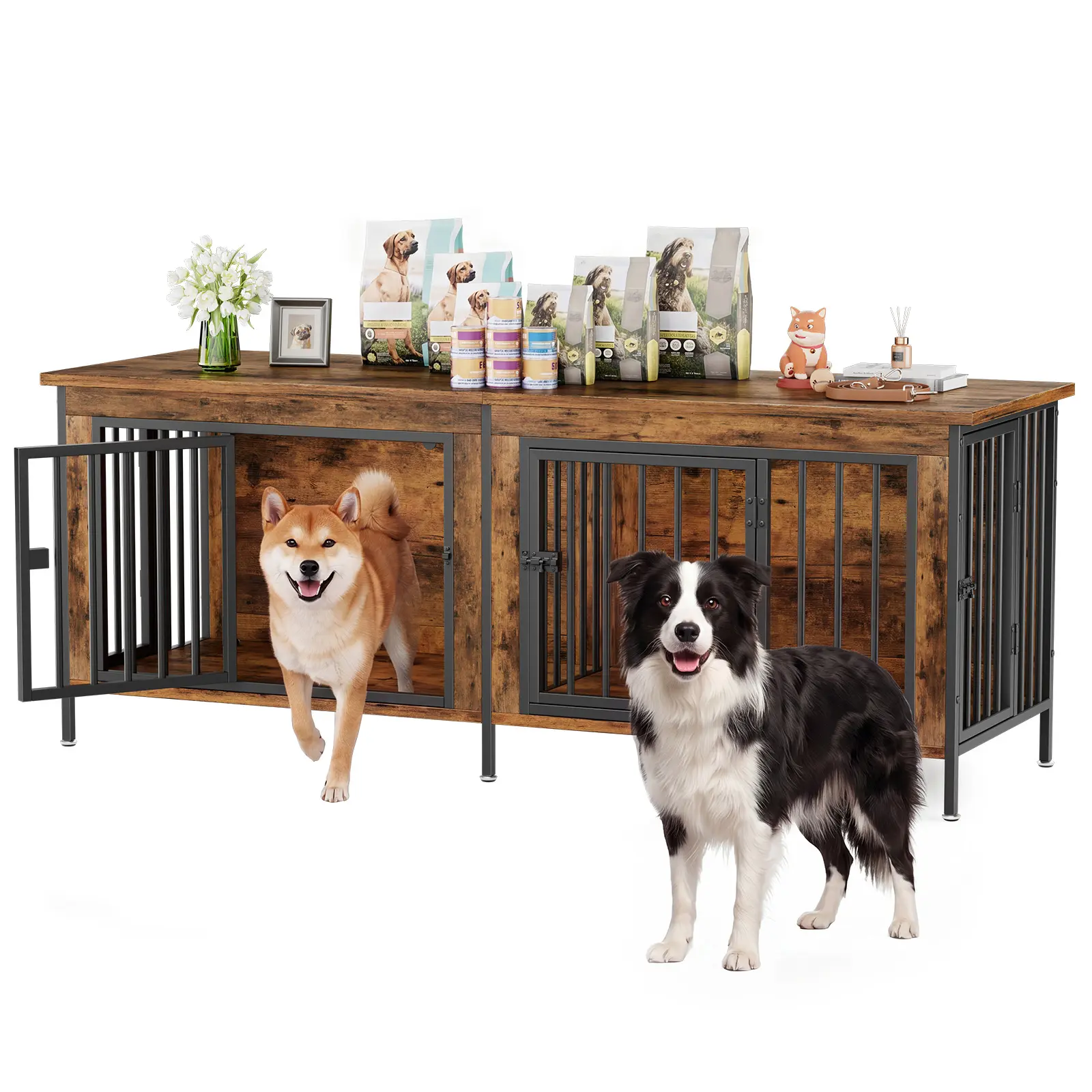 Double Dog Crate Furniture for 2 Dogs,Heavy Duty Dog Kennel Furniture with Divider,Indoor Pet House End Table TV Stand with Extra Large Double Door