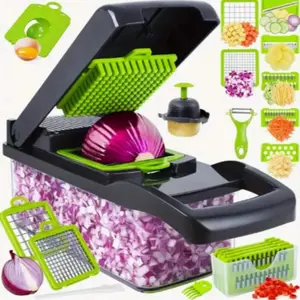 16-Piece Multi-Function Kitchen Set Green PET Material Vegetable Fruit Chopper Manual Food Grater Onion Potato Shredder Space-Saving Dishwasher Easy Prep Meals Travel Accessories