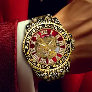 New Men's Fashion Casual Hollow Retro Carved Gold and Green Fully Automatic Mechanical Watch with Red Accents