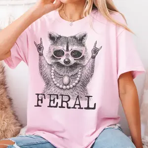Feral Racoon Graphic Sweatshirt Funny Racoon Pearls Tees Retro Relatable Feral Top Casual Womenswear Sublimation Tshirt Sarcastic Racoon Shirt - KitchenEra