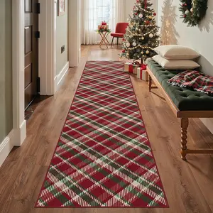 1 Piece Christmas-themed Hallway Rug, Red Buffalo Plaid Christmas Kitchen Rug, Pet-friendly Non-slip Mat, Soft and Comfortable Plush Mat, Machine & Hand Washable, Foldable for Balcony, Hallway, Living Room, Bedroom, Bathroom Laundry Room, Boho Runner Rug