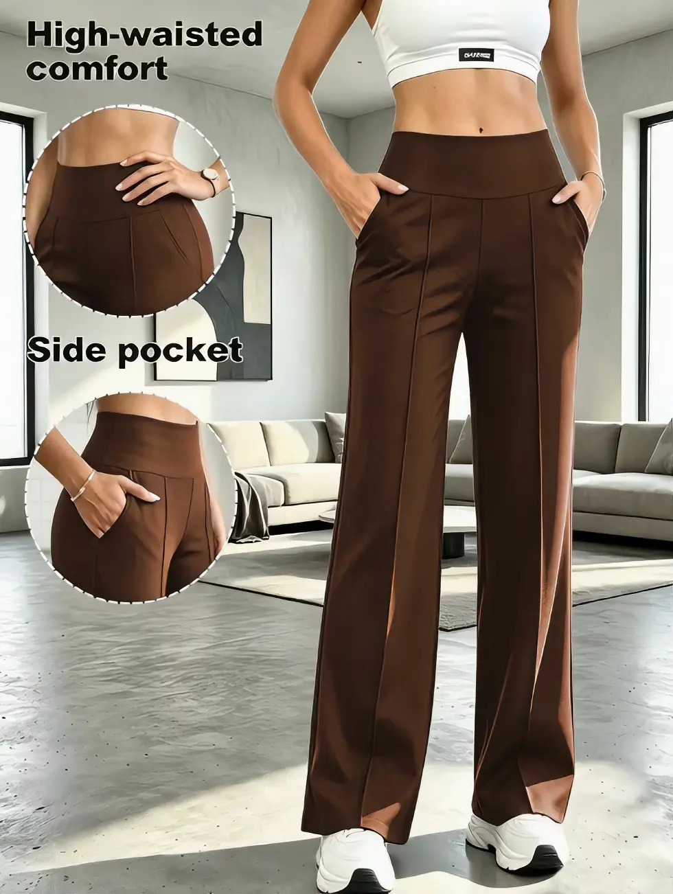 Women's high-waisted slimming wide-leg pants, soft and skin-friendly yoga sports pants with pockets, suitable for commuting and leisure, straight-leg long pants