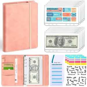 Budget Binder with Zipper Envelopes, Budget Book with Cash Envelopes, Premium Pu Leather A6 Binder with Expense Budget Sheets and Stickers, Savings Binder for Budgeting (Pink)