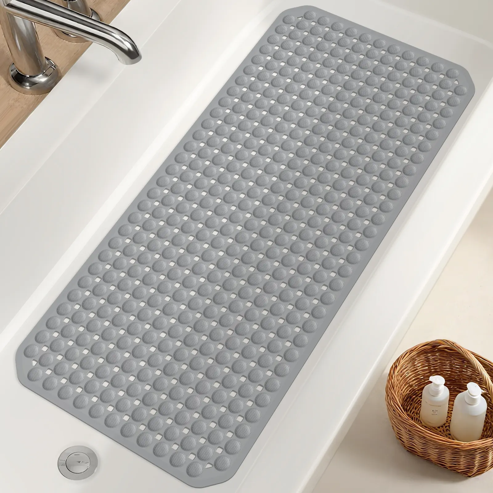 35×16 Inch Soft Rubber Non-Slip Bathtub Mat, Large Shower Floor Liner, Better Than Cheap PVC Mats, 198 Strong Suction Cups, Quick Drain Holes, Massage Foot Nubs, Machine Washable Bathroom Tub Mat