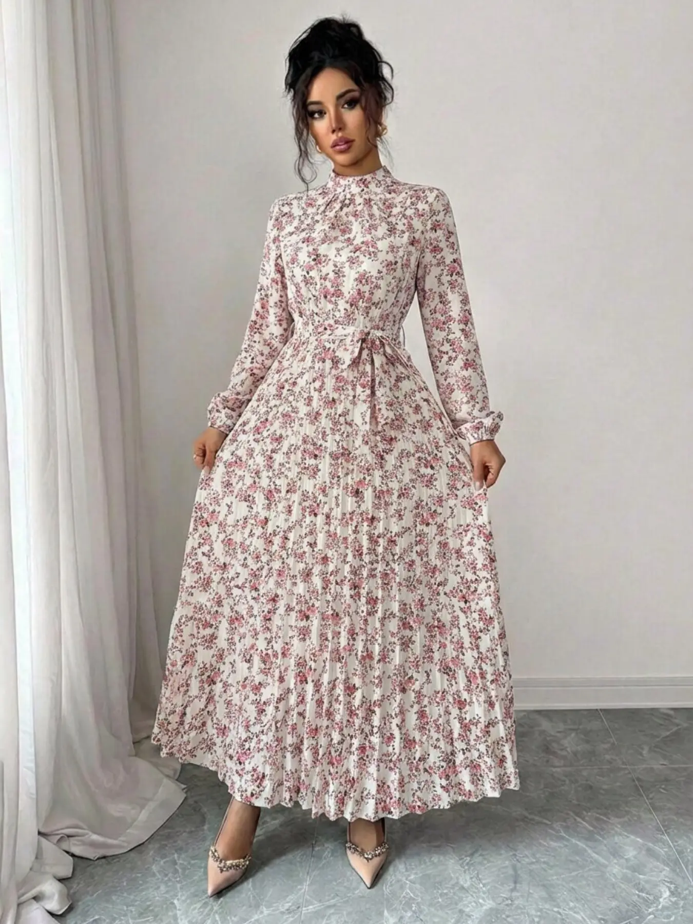 Women's Floral Print Pleated Midi Dress with Stand Collar, Front Zipper & Tie Waist - Elegant Long Sleeve for Spring Autumn
