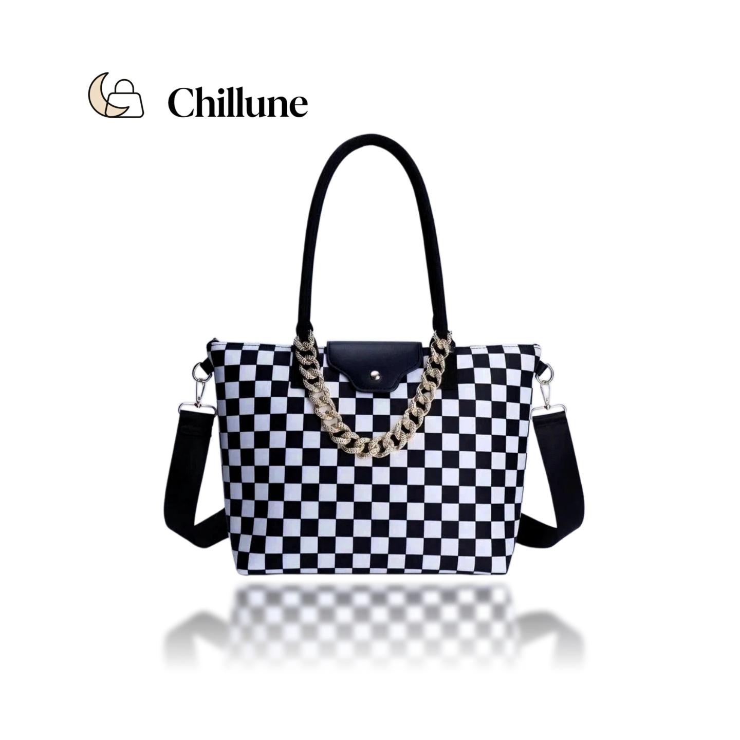 Checkerboard Oxford Crossbody Tote Bag for Women – Lightweight Fashionable Bag with Smooth Zipper