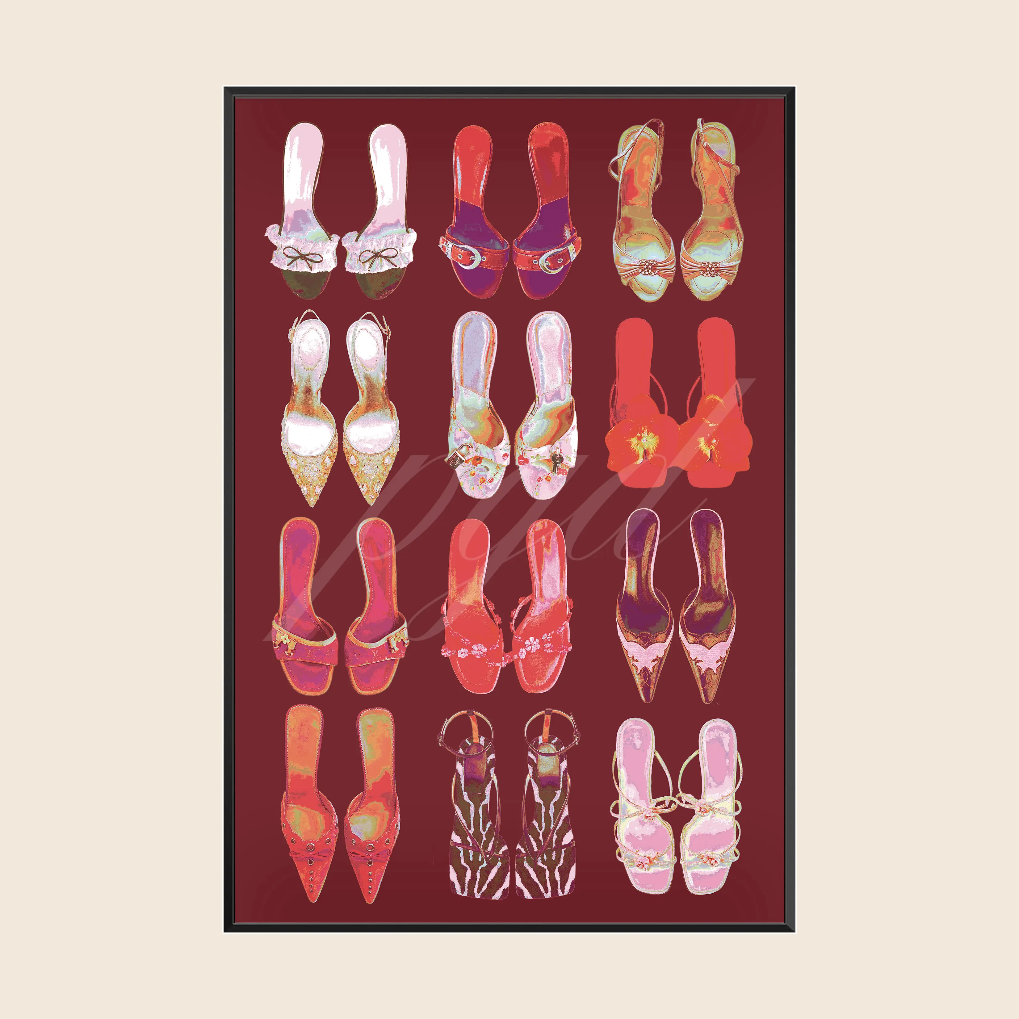 Dark Red Designer Heels Fashion Wall Art, Chic Vintage Y2K Girly Retro Poster Print, Living Room Bedroom Apartment Dorm Decor