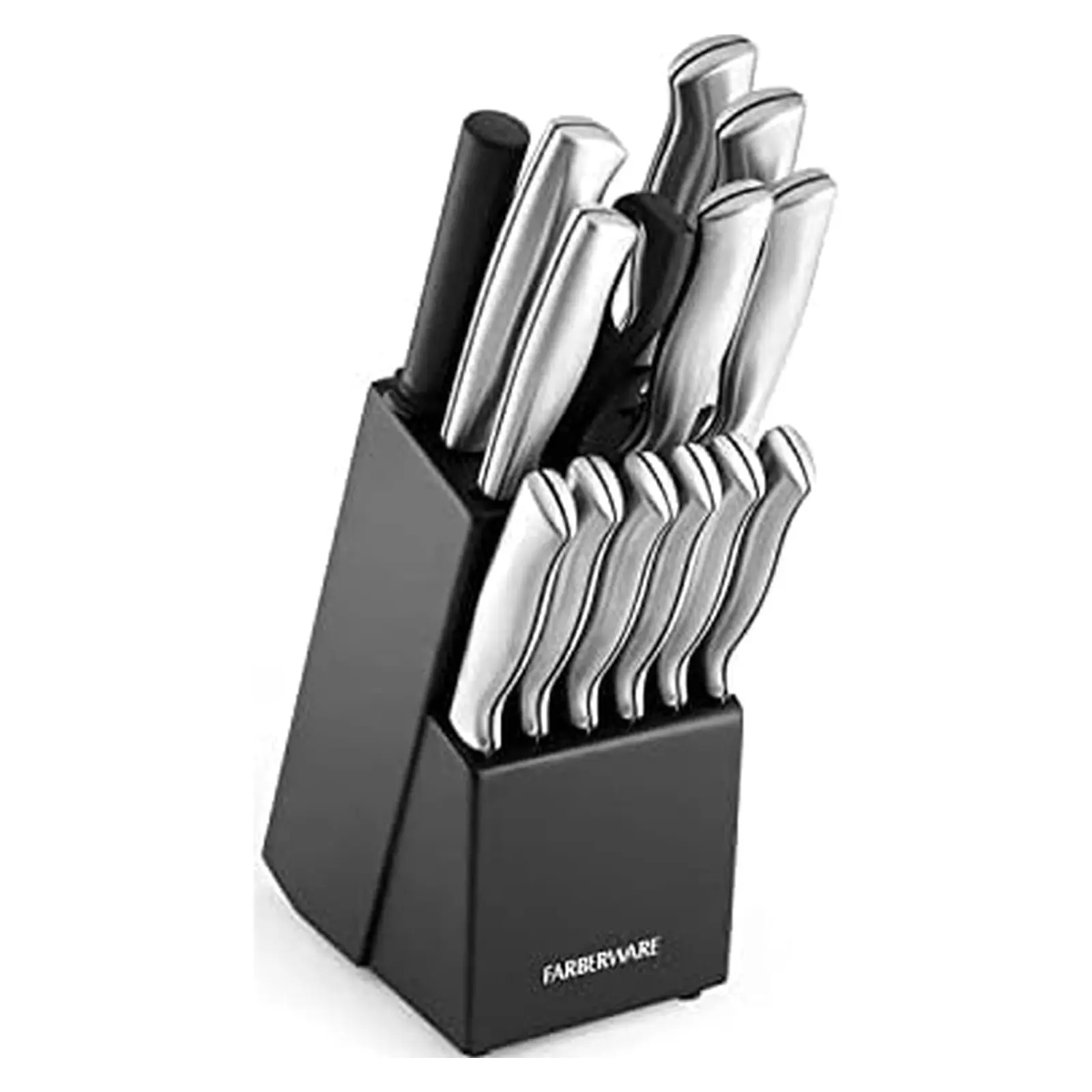 Farberware 15-Piece Kitchen Knife Set, High-Carbon Stainless Steel Blades with Wood Block, Steak Knives, Sharpening Tool & All-Purpose Shears, Razor Sharp, Ergonomic Stainless Steel Handles