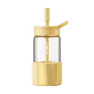 BUYDEEM 500ml Glass Straw Tumbler - High-Temperature Resistant, Large Capacity Juice & Tea Cup, Cute Duckling Yellow, Model DG425