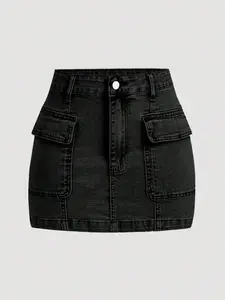 Women's Utility Pocket Bodycon Denim Mini Skirt - Casual and Chic
