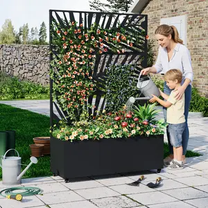 Metal Planter Box with Trellis, Raised Garden Bed (with/Without Wheels), Privacy Screen for Climbing Plants, Vegetables, Vines, Privacy Planters for Patio with Drainage Holes, Planting Bed