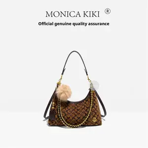 Women's Retro Monica Chenille Coffee Color Niche Tote - High-End Elegant Letter Chain Strap Stylish Crossbody Bag, Casual Wear All-Over Print Anti-Theft Messenger Bag
