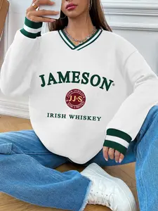 Women's Casual Patchwork V-Neck Long Sleeve Fitted Pullover Sweatshirts, Jameson Letter Print, Striped Cuffs and Hem, Fall & Winter Comfortable Top, Perfect for Leisure Outings
