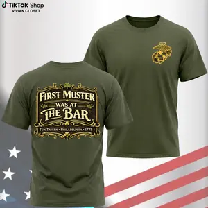 Women's First Muster at the Bar Vintage Round Neck Short Sleeve T-Shirt - Colonial America 1775 History Top, 250 Independence Tee, 200gsm Heavyweight Soft Cotton Poly Blend Fabric, Unisex Classic Fit, Digital Print Anniversary Shirt