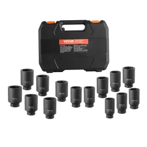 VEVOR Axle Nut Impact Socket Set, 1/2 Drive Deep 6+12-Point 14-Piece Metric Spindle Nut Socket Set, CR-V Heat Treated Large Socket Set with Storage Case, Auto Repair, Removing or Installing Axle Nuts
