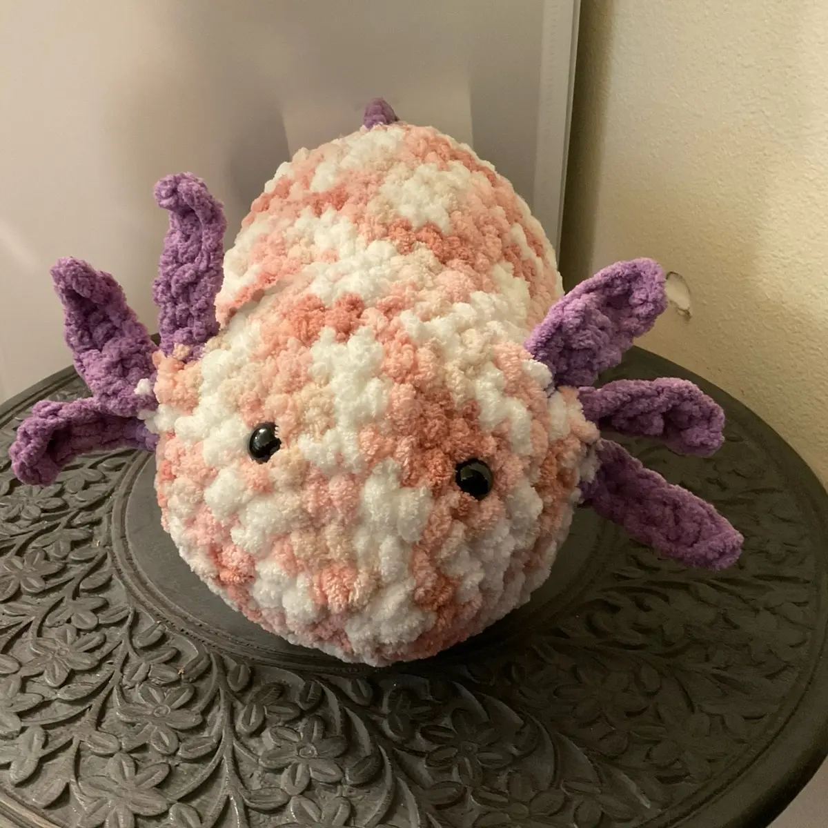 Handmade large chunky crochet axolotl