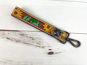 Sunflower Cactus Tooled Wristlet Leather Keychain