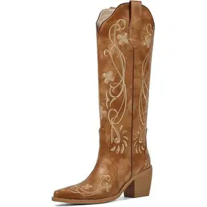 FIFSY Cowboy Boots for Women Knee High Cowgirl Boots, Western Boots with Floral Embroidered Pointed Toe Chunky Heel Pull On Retro Vintage Classic Tall Boots for Ladies