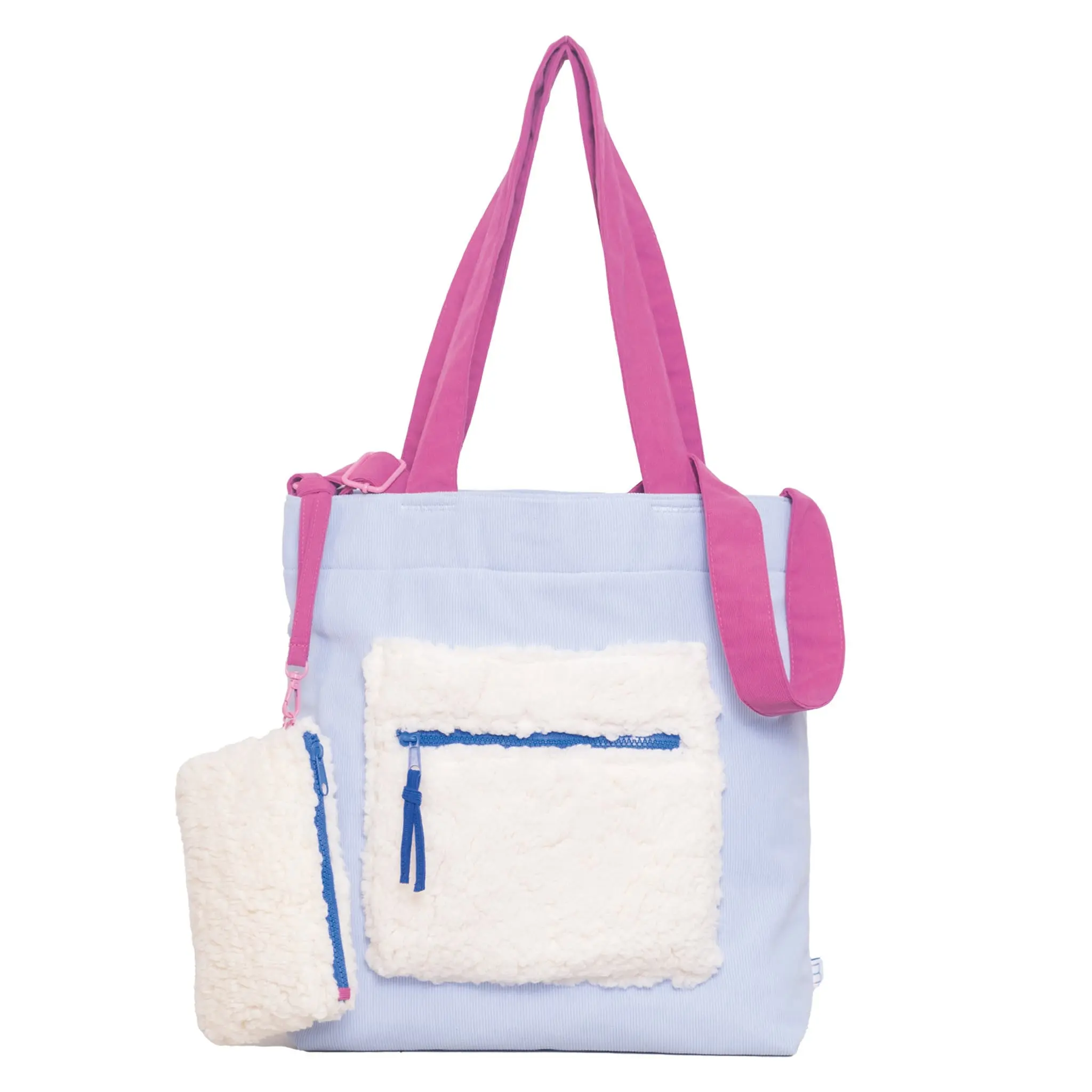 Color Block Tote – Corduroy & Sherpa Bag with Double Pockets + Cozy Coin Purse, BlueBell