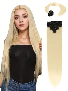 8-Piece Set 20-Inch Seamless Wig, 18 Hair Extensions, Clip-On Pieces, Straight Synthetic Hair, Smooth & Non-Static, Party Styling