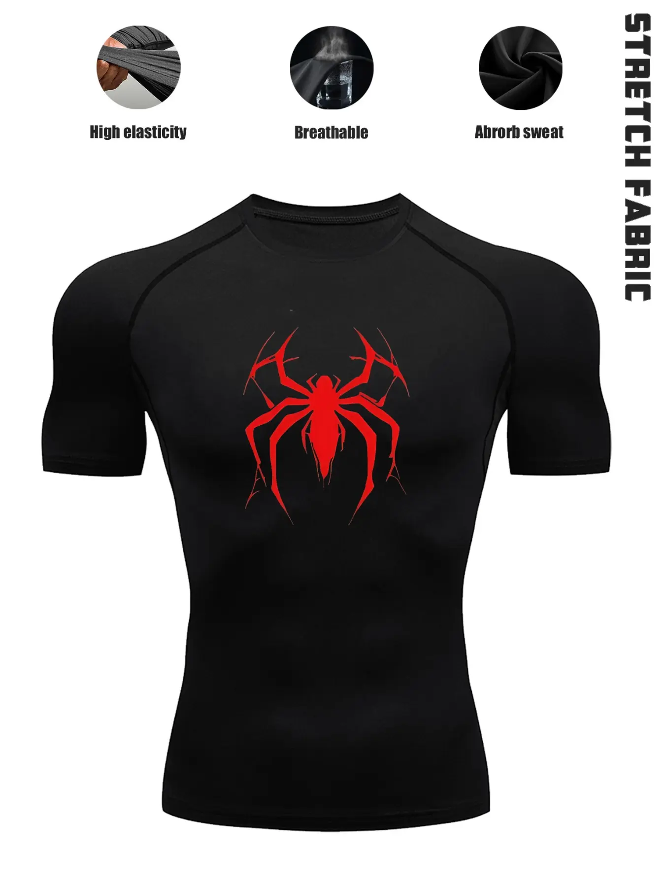 Men's Athletic Compression Tee, Quick Dry Elastic Breathable T-Shirt with Cool Spider Graphic Print, Sporty Design, Performance Base Layer Shirt for Gym, Running, Training & Outdoor Exercise, Moisture Wicking Tee, Compression Tops, Compression Shirts