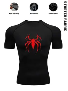 Men’s Athletic Compression Tee, Quick Dry High Elastic Breathable T-Shirt with Cool Spider Graphic Print, Performance Base Layer Shirt for Gym Workouts, Running, Training & Outdoor Exercise