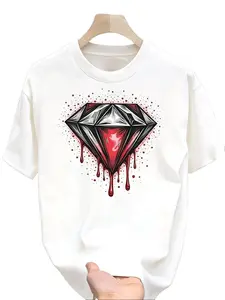 [Trendy Graphic T-Shirt] Trendy Graphic T-Shirt Fashionable Crewneck Men's Street Style with Dripping Red Center Diamond Pattern Adult Men Holiday Gift Christmas Halloween Casual Outfit,shop