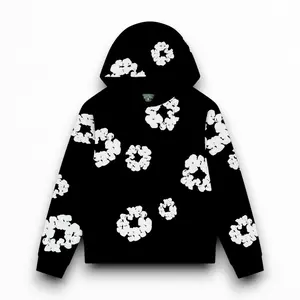 Menswear Designer Floral Print Black Hoodie with White Floral Patterns for Stylish Comfort