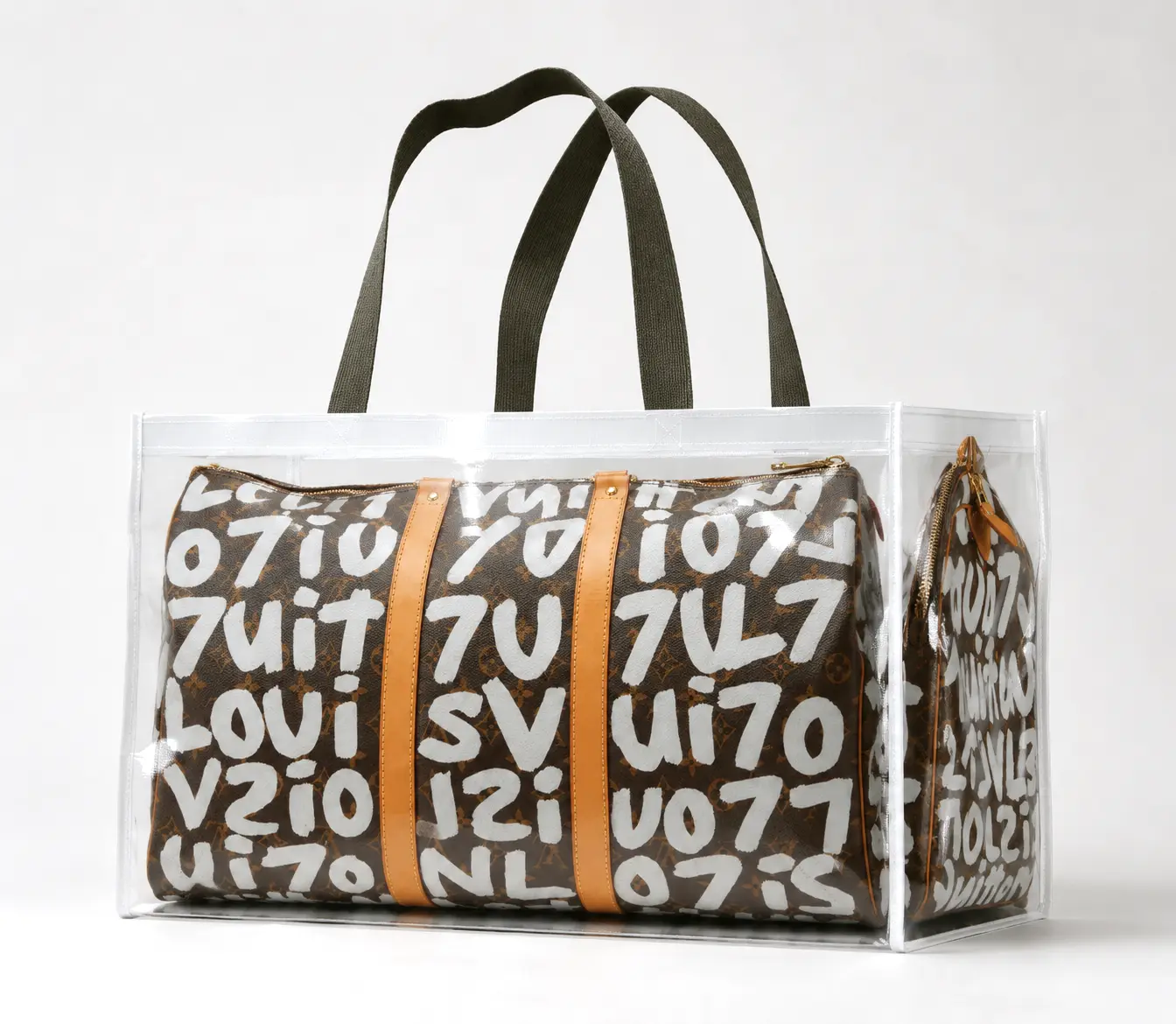 2026 Viral Influencer Style Graffiti Print Woven Shopping Tote Bag, Oversized Shoulder Duffel with Brown Trim & Dark Green Handles