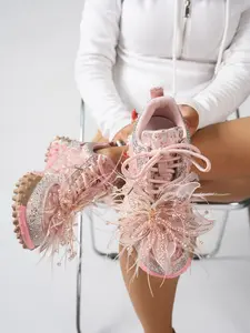 Water Drill Lace Retro Women's Agan Shoes, Butterfly Feather Full Rhinestone Thick Sole Anti-Slip Sports Shoes, Fashionable Casual Shoes