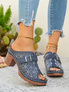 Women's Embroidered Chunky Heel Mules, Peep Toe Platform Clogs with Buckle
