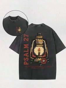 Vintage Psalm 27 Lantern Red Floral The Lord Is My Light Christian T-Shirt, Washed Black Cotton Oversized Short Sleeve Tee, Front Back Print Bible Verse Faith Casual Crewneck Shirt