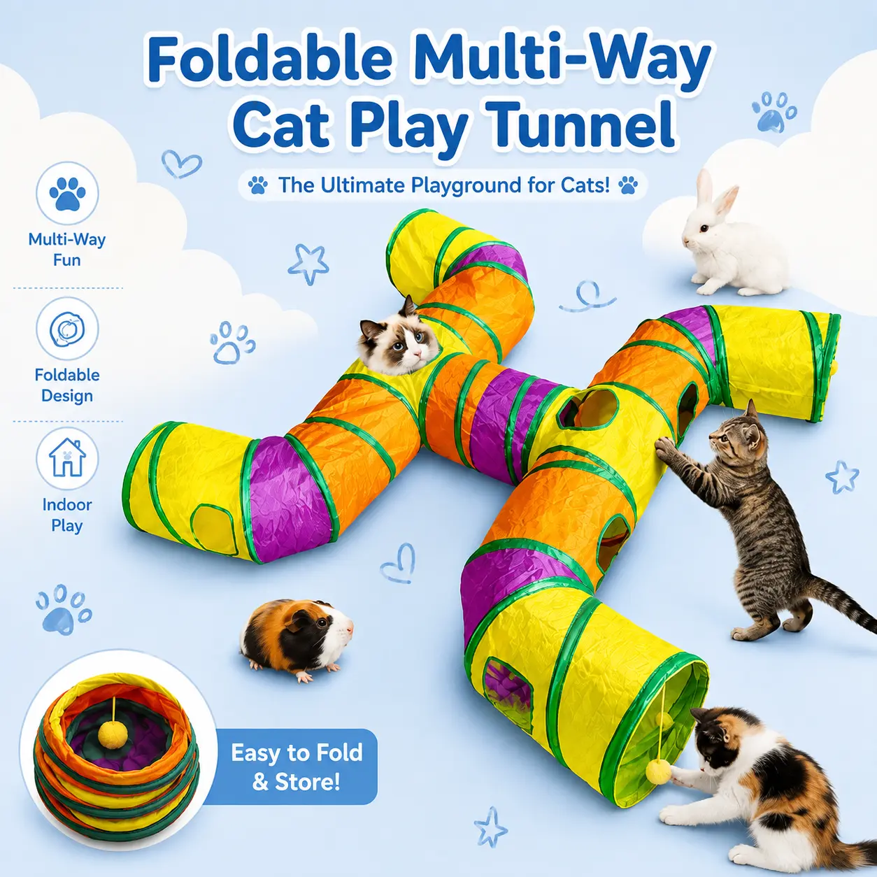 Multi-Way Cat Tunnel for Indoor Cats, Rainbow H-Shape Interactive Play Tunnel with Peek Holes & Ball, Foldable & Collapsible Toy for Cats, Rabbits, Ferrets & Small Pets