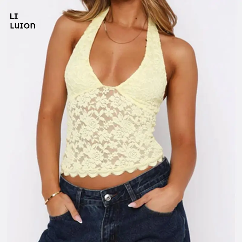 .Women Y2k Lace Halter Top See-Through Floral Lace Tank TopsFit Backless Going Out Cami Tops Pink Cropped