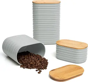 3 count Set Of Airtight Plastic Canister With  Lid, Canisters For Kitchen Counter, Coffee And Sugar Canister Set, Decorative Sugar Container, Kitchen Decor For Counter (Light Grey)