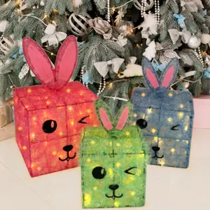 Livfineseason Party Holiday Decorations Lighted Gift Boxes Set of 3, Bunny Light Up Pink Blue Green Boxes Garden Décor for Home Yard, Battery Operated Prelit 80 Lights Present Box Lighted Display 8 Modes & Timer