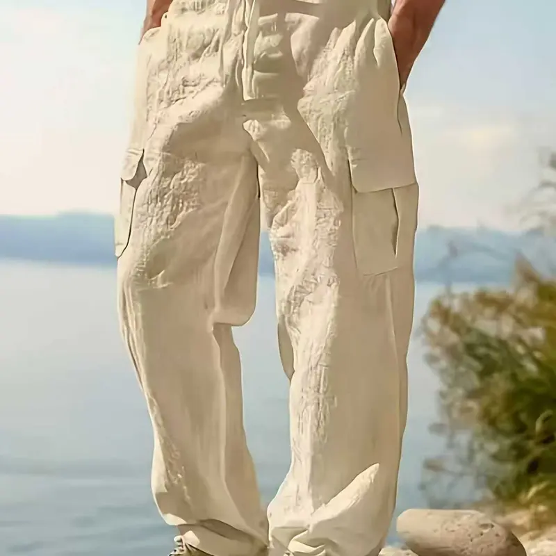 2026 Fashion Comfy Men's Linen Cargo Trouser Pants for Outdoor Beach, Drawstring Multi-Pocket Straight Leg Breathable Classic Casual Long Pants
