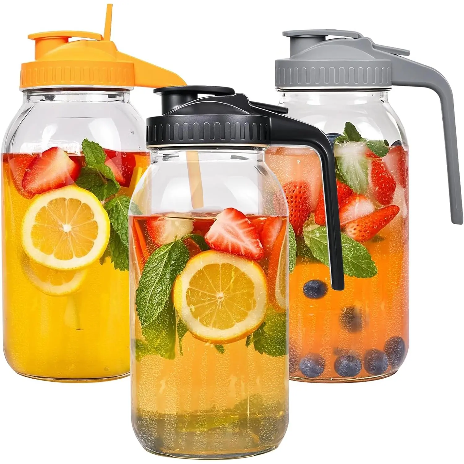 3 Pack 64oz Glass Mason Jar Pitcher with Airtight Lid and Handle - Wide Mouth, Leak-Proof, Ideal for Sun , Cold Brew, Lemonade, Iced Coffee, Milk, and Water