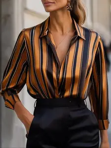 Women's Striped Long Sleeve Loose-Fitting Cardigan Shirt, Button Up Blouse, Comfortable Casual Classy Elegant Spring & Fall Fashion, Stylish Daily Wear Top