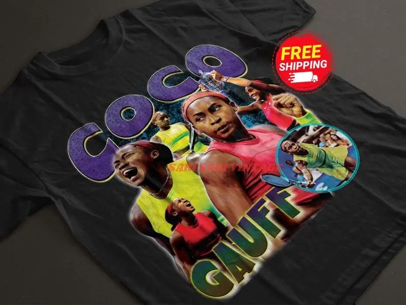 Men's Casual Graphic T-Shirt - 90s Style Coco Gauff Tennis Fan Gift, Breathable Cotton Short-Sleeve Classic Fit Menswear Top, Fabric, All Seasons, Graphic Print, Crew Neck, Coco Gauff Art, Basic, Christmas, Cute
