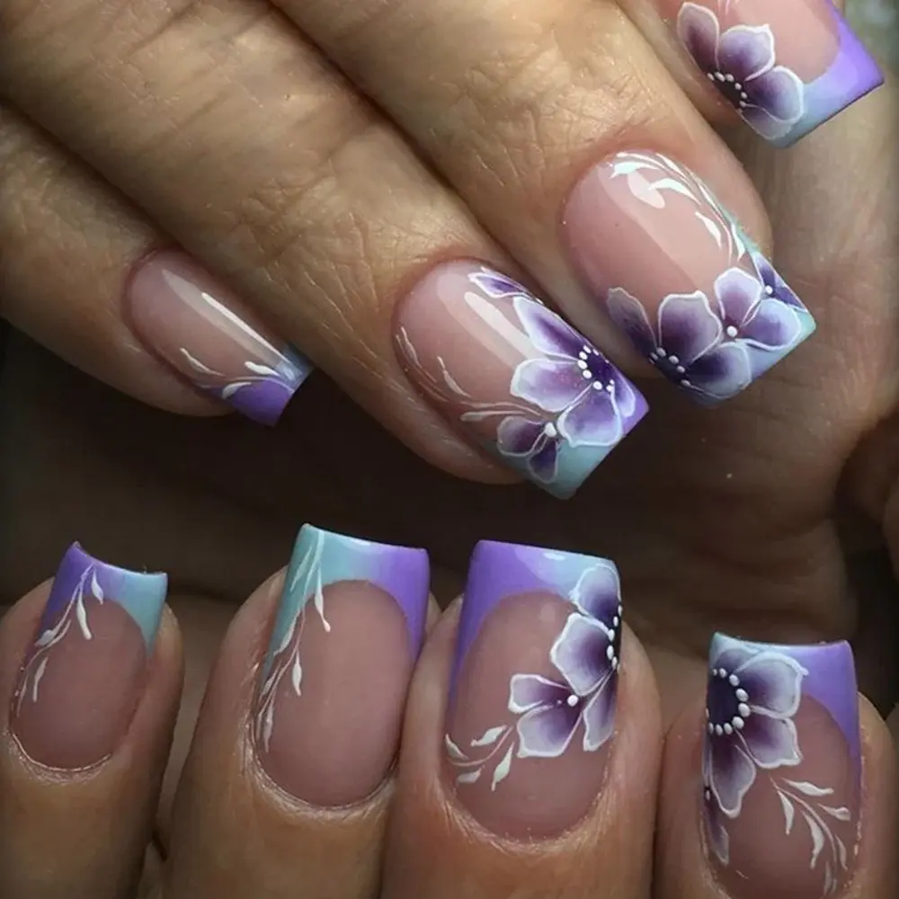 Purple Flourish Press On Nails | CurvLife Nail | 24pcs Medium Coffin Fake Nails | Glossy Finish with Blooming Purple Shades & Subtle Shine | Easy to Apply, Comfortable & Long-Lasting | Great for Daily Commutes, Business Meetings, Banquets & Events