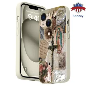 Virgin Mary Pattern Straight Edge Phone Case for iPhone 15 16 14 Pro Max 13 12 11 XR XS Plus E Shockproof Non Slip Military-Grade Protection Liquid Silicone Cover Smartphone Casing