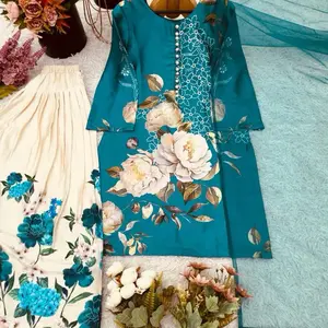 Women's  Simple Wear Plazo Suit Wedding Punjabi Sui Pakistani Embroidery Work Pure Natural Crep Silk Top Bottom & Dupatta Set