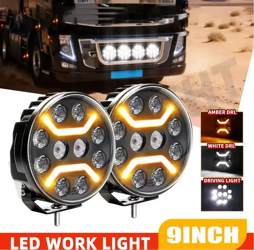 9-inch round LED work light, white/yellow DRL amber turn signal LED driving lights with a focused beam, 12V-24V waterproof off-road front lighting module, suitable for trucks, 4x4 vehicles, SUVs, ATVs, UTVs, set of 2