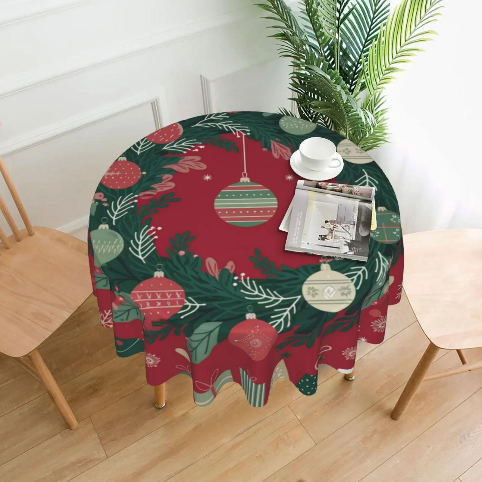 Merry Christmas Themed Tablecloth, 1 Count Christmas Wreath Round Tabletop Decoration, Home Decoration for Christmas Holiday Party