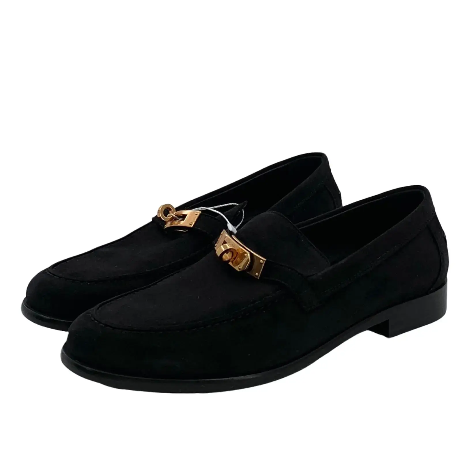 RDLT-Hermès Size 37 Black Flat Shoes with Kelly Gold Buckle-H37733