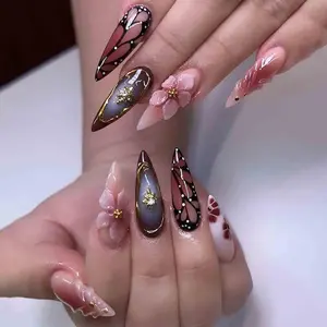 Handmade Butterfly Flower Press On Nails | 3D Pink Blossoms & Gold Lined Marble Art | Long Stiletto Elegant Nails for Spring or Date Night