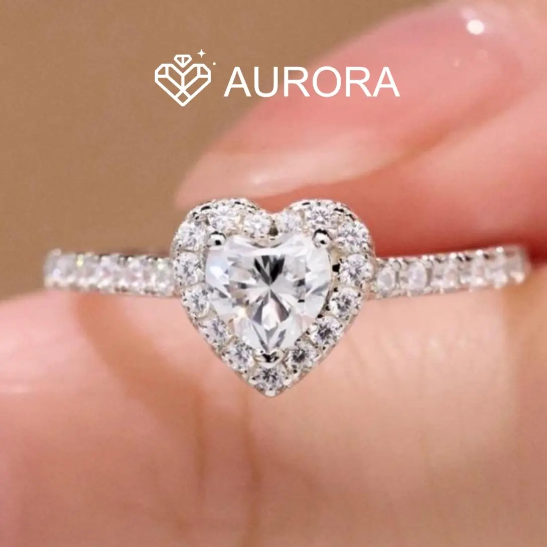 【#176 Cupid 】Heart shape Full Moissanite main stone and side stone rings  with 925 sterling silver Synthetic Moissanite